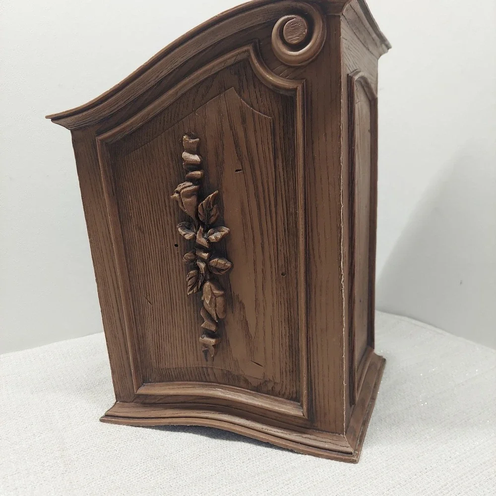 Vintage Faux Wood Wastebasket Ornate Floral Rose Trash Can 12